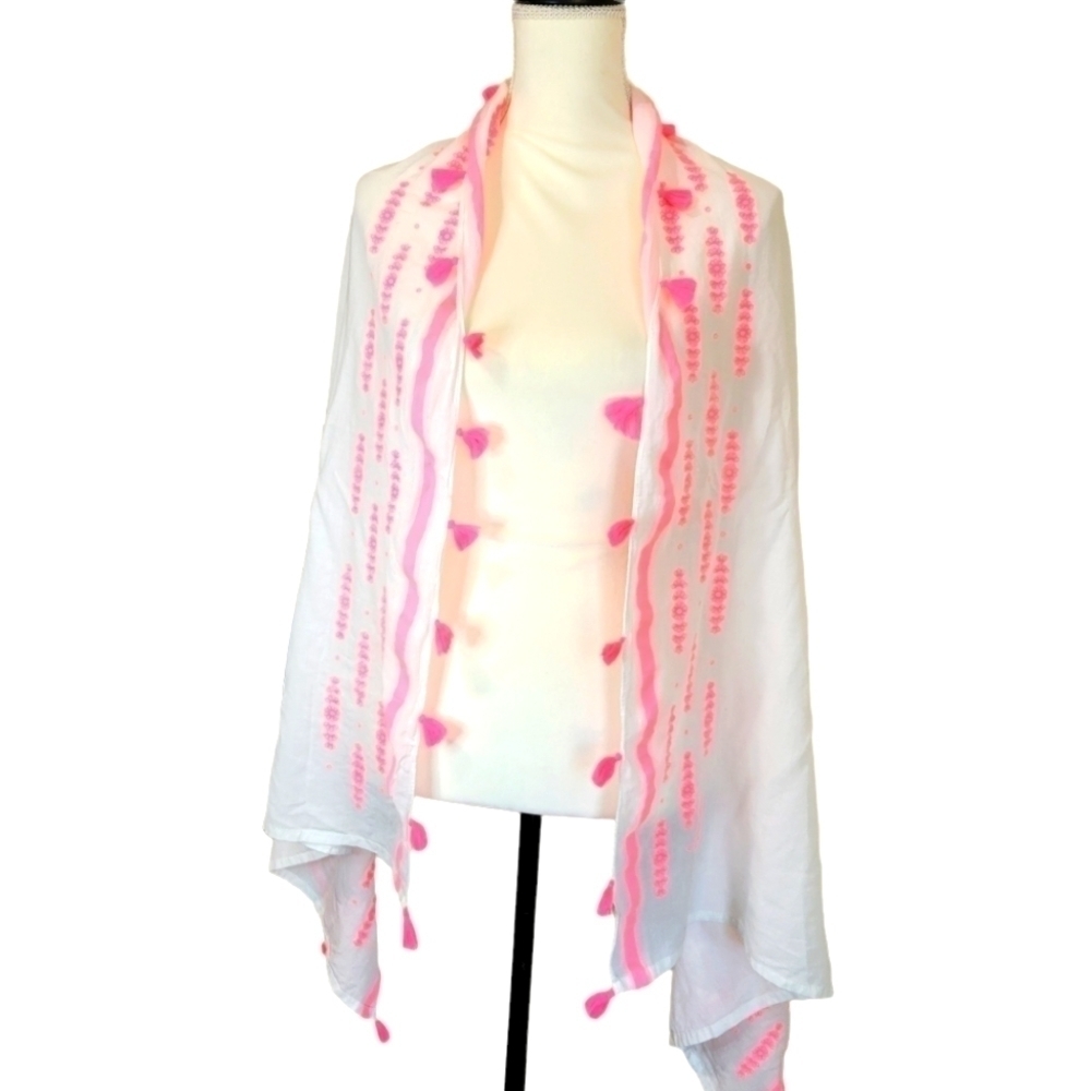 MULTI Use Wrap/Scarf in White and Neon Pink Embroidery